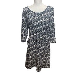 41 Hawthorne Women's Blue White Geometric Pattern Skater Dress Medium